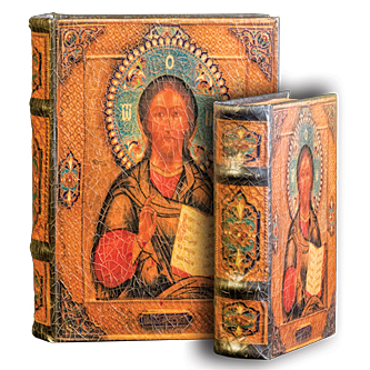 Jesus as Salvador Mundi on Antique Bible Book Box